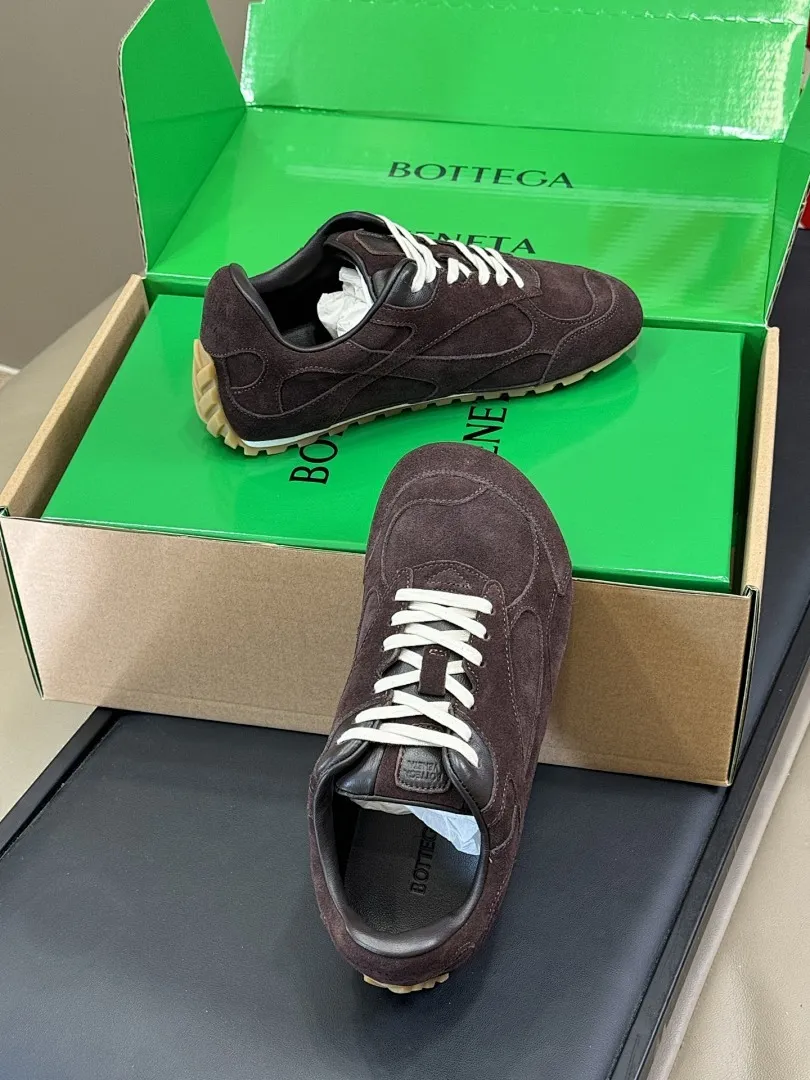 Bottega Veneta Suede Low-Top Trainers in Pink with Brown Trim and Gum Sole, Packaged in Original Box