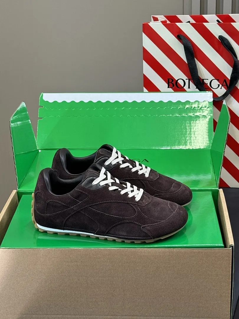 Bottega Veneta Suede Low-Top Trainers in Pink with Brown Trim and Gum Sole, Packaged in Original Box