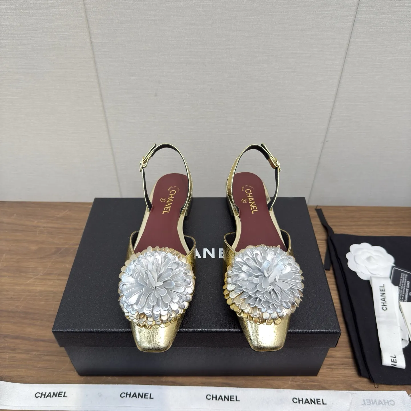 Chanel 1:1 premium white lambskin slingback flats with handcrafted 3D leather Camellia flower - xiashuluxe