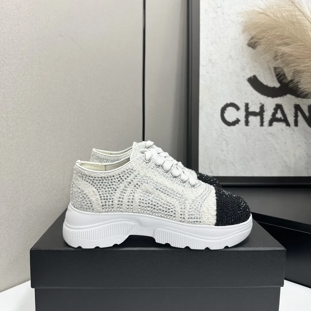 Chanel 1:1 premium white mesh sneakers with CC embroidery on luxury black shoe box - xiashuluxe