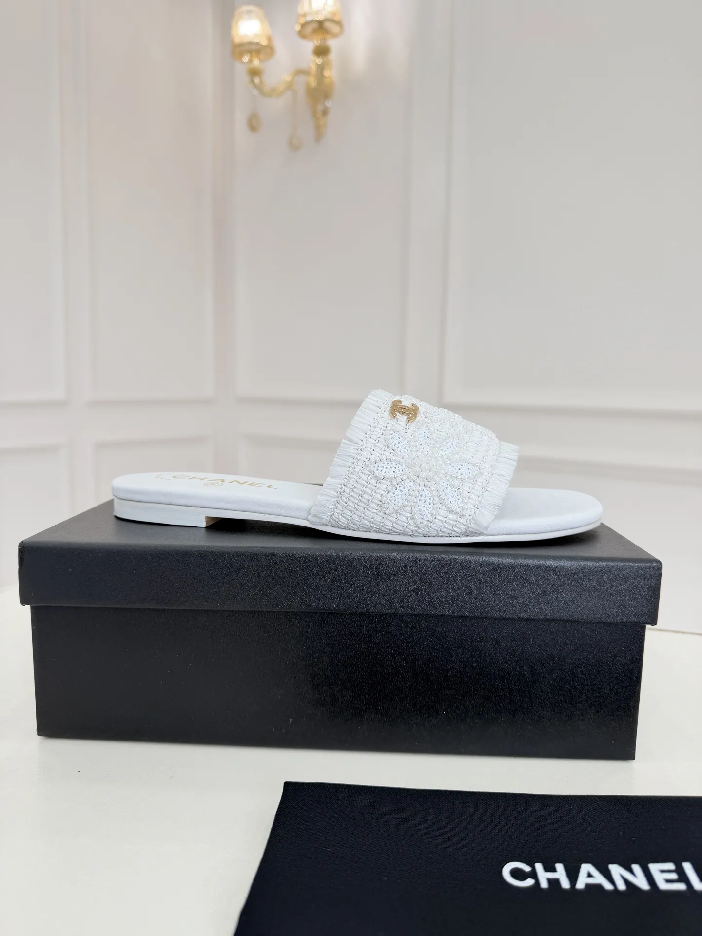 Chanel 1:1 premium raffia slides with pearl and flower embroidery - White, Black, and Natural Tan - xiashu
