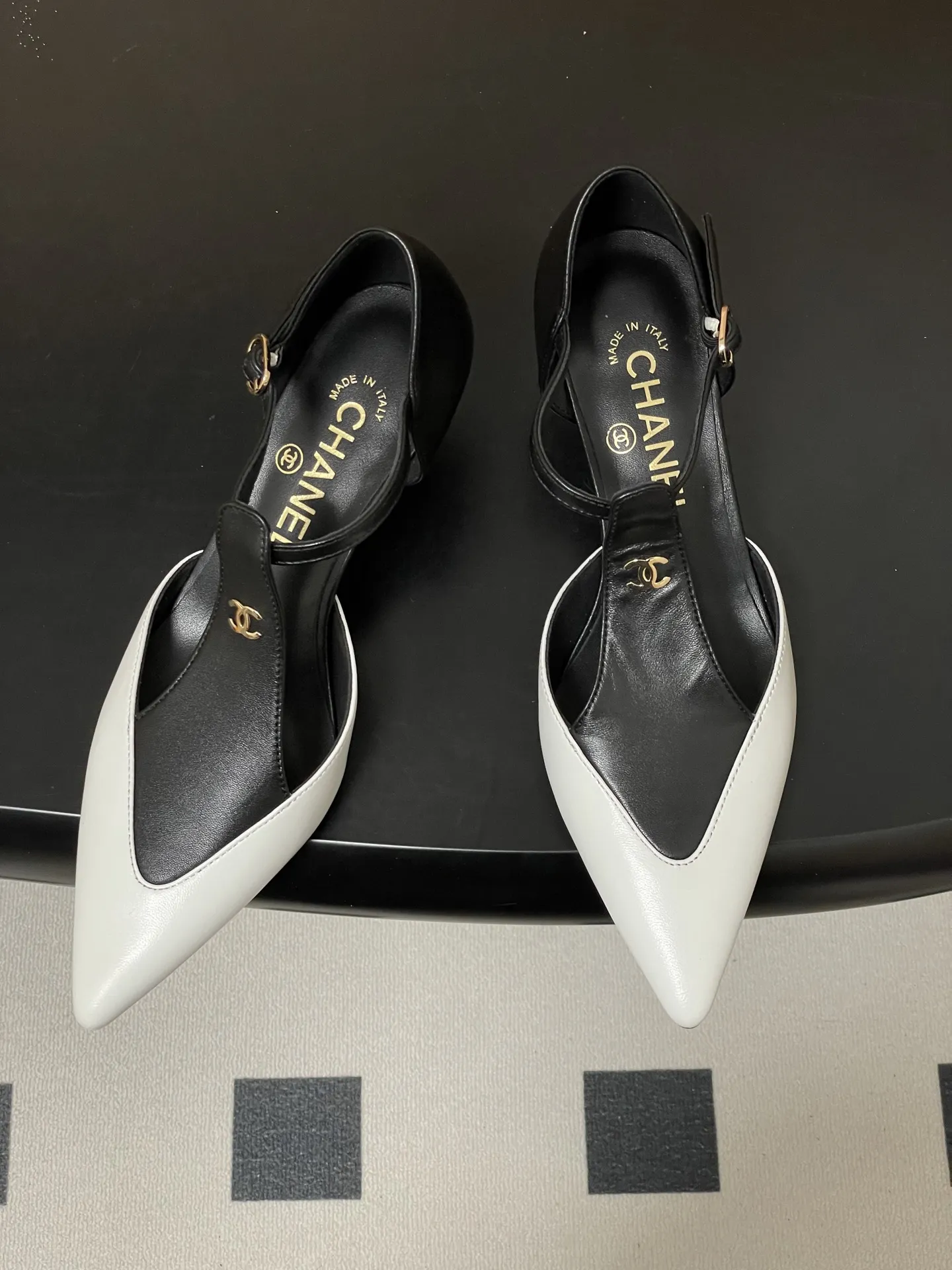Chanel 1:1 premium apricot and black cap-toe T-strap kitten heels on luxury shoe box - xiashu
