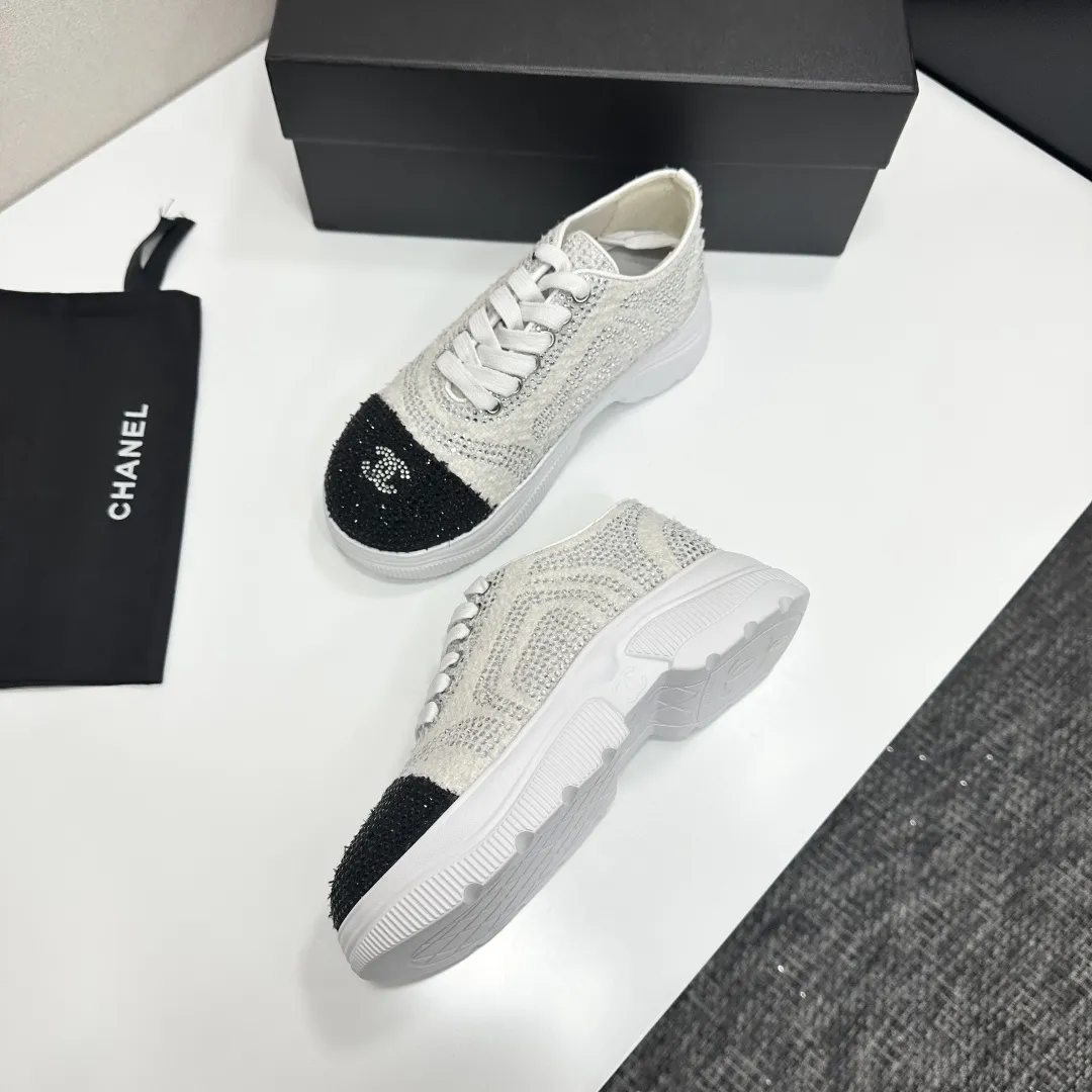 Chanel 1:1 premium white mesh sneakers with CC embroidery on luxury black shoe box - xiashuluxe
