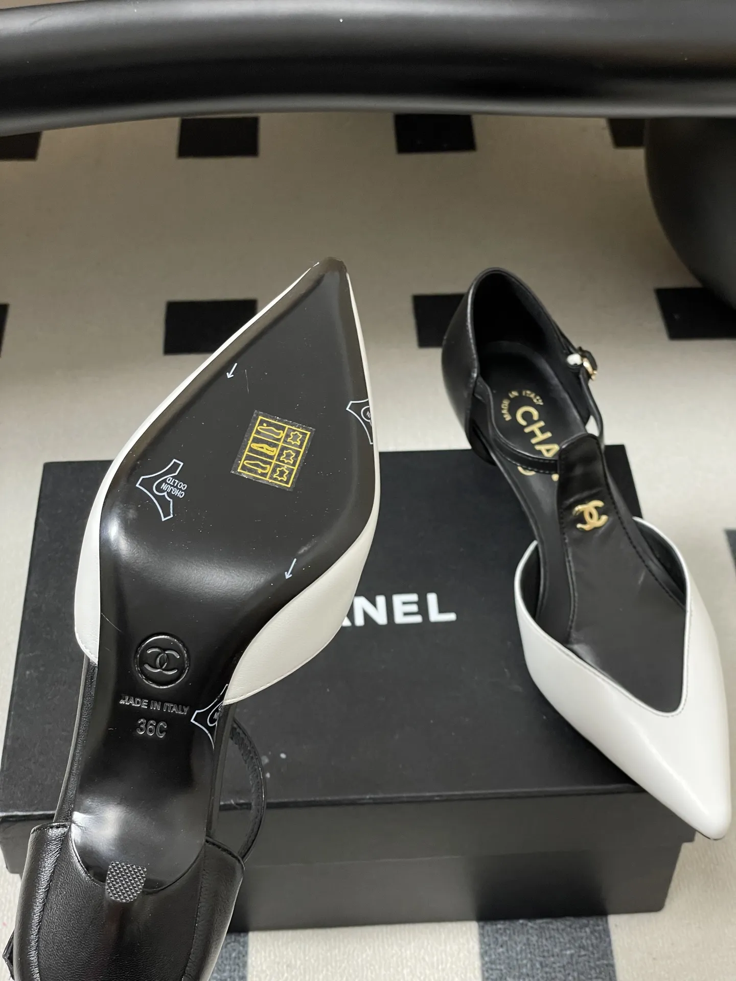 Chanel 1:1 premium apricot and black cap-toe T-strap kitten heels on luxury shoe box - xiashu