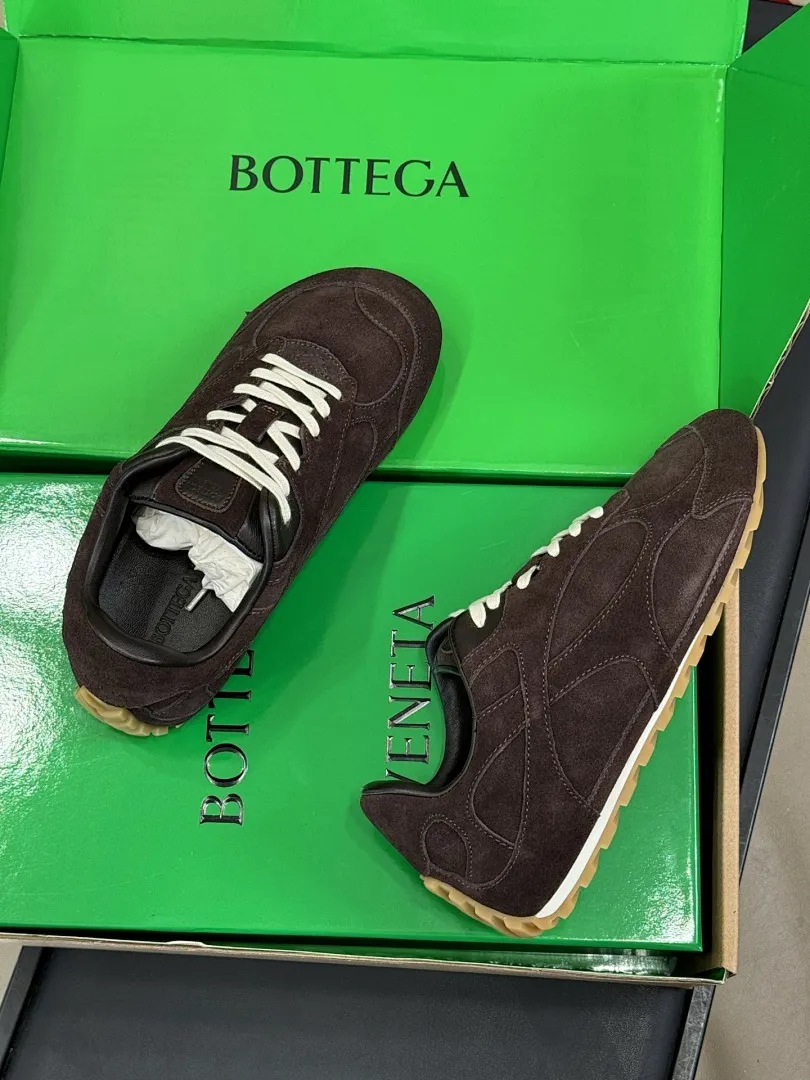 Bottega Veneta Suede Low-Top Trainers in Pink with Brown Trim and Gum Sole, Packaged in Original Box