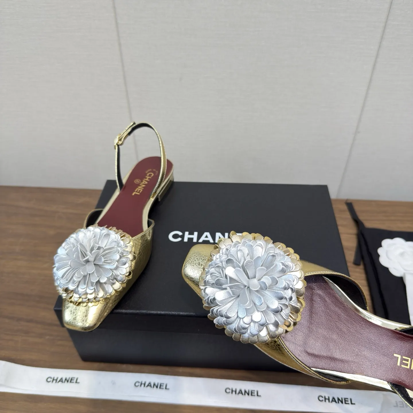 Chanel 1:1 premium white lambskin slingback flats with handcrafted 3D leather Camellia flower - xiashuluxe