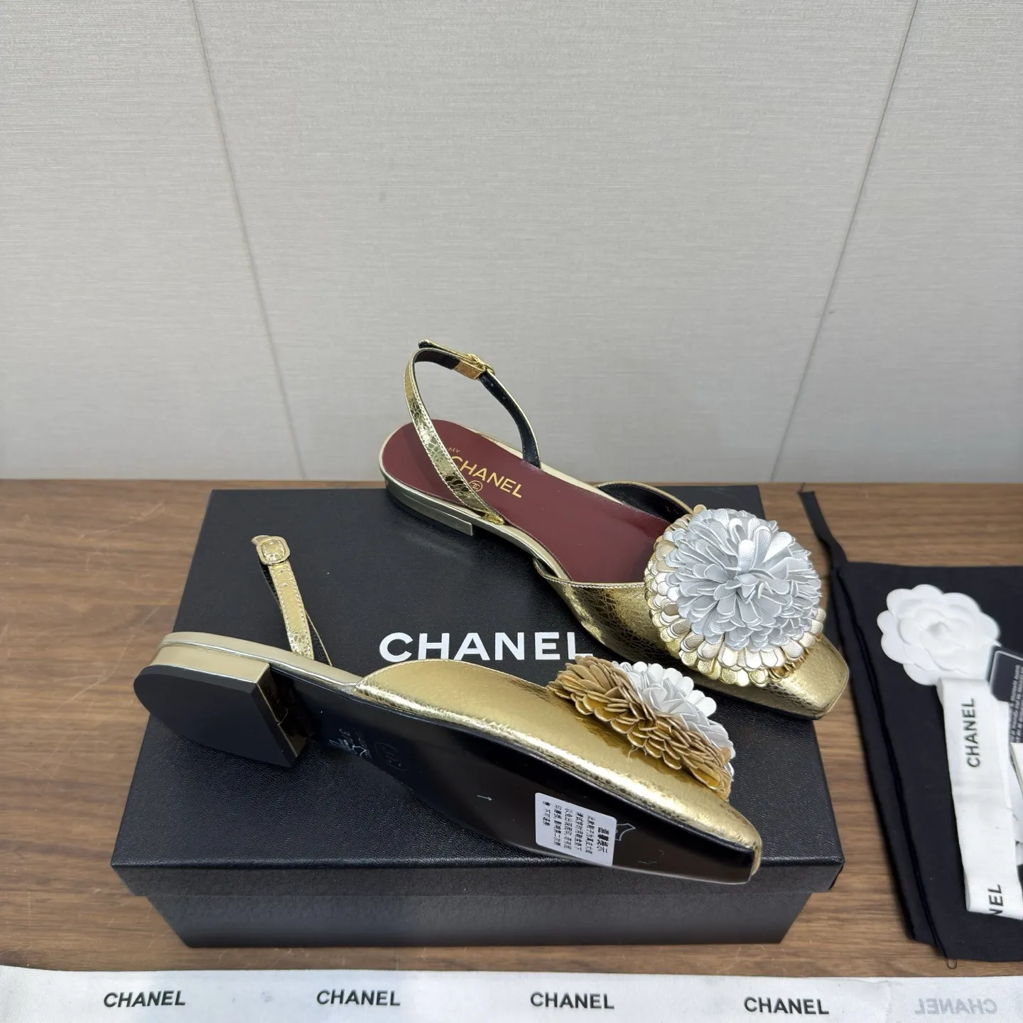 Chanel 1:1 premium white lambskin slingback flats with handcrafted 3D leather Camellia flower - xiashuluxe