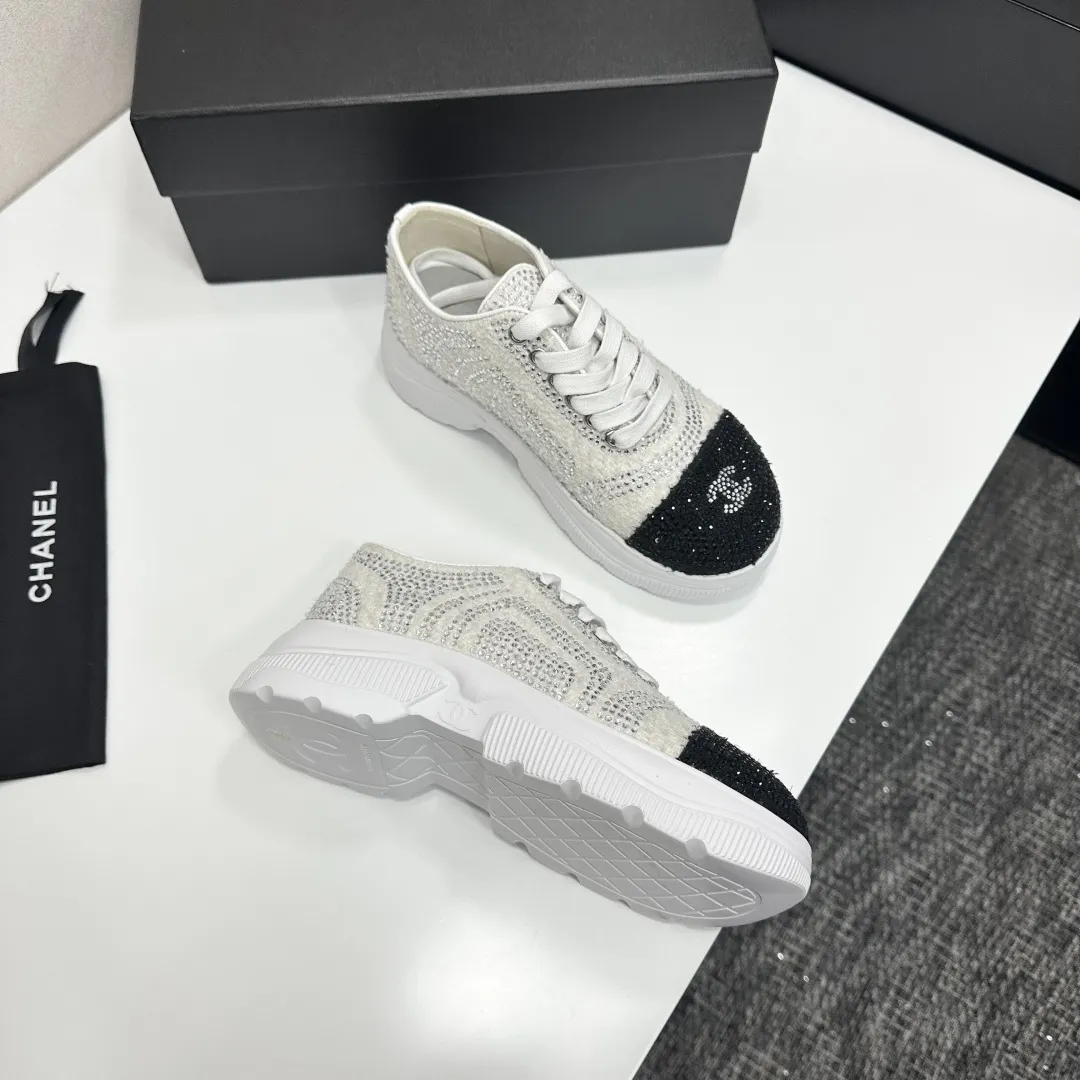Chanel 1:1 premium white mesh sneakers with CC embroidery on luxury black shoe box - xiashuluxe