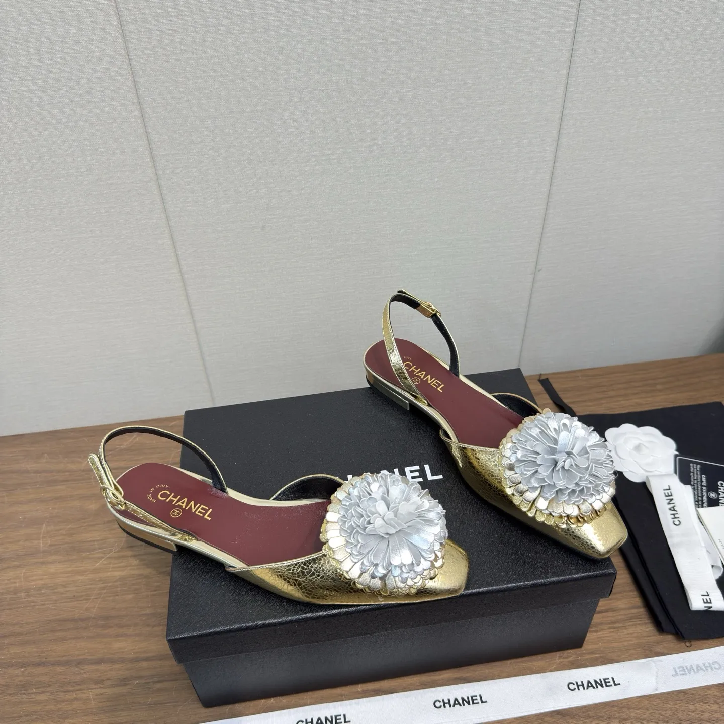 Chanel 1:1 premium white lambskin slingback flats with handcrafted 3D leather Camellia flower - xiashuluxe