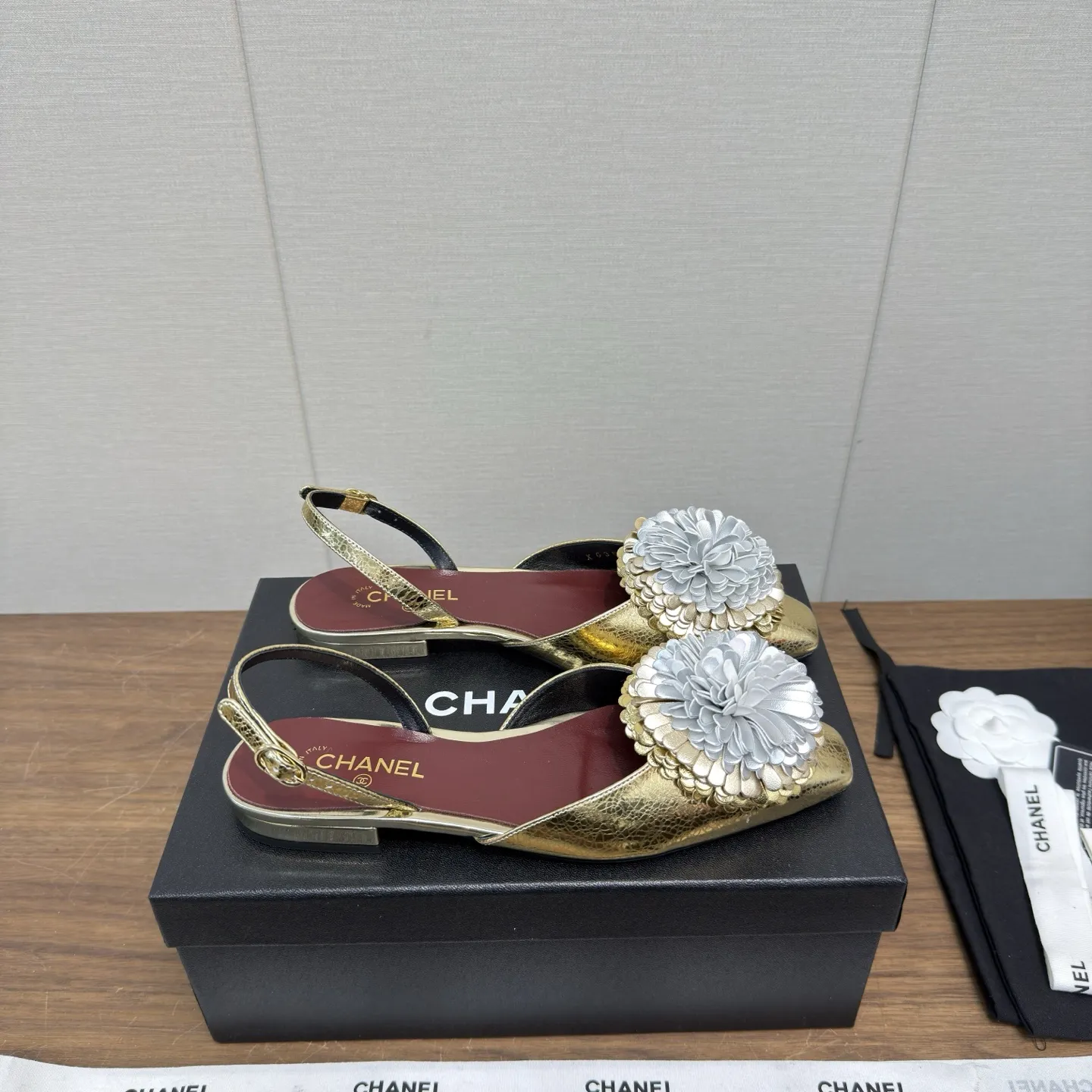 Chanel 1:1 premium white lambskin slingback flats with handcrafted 3D leather Camellia flower - xiashuluxe