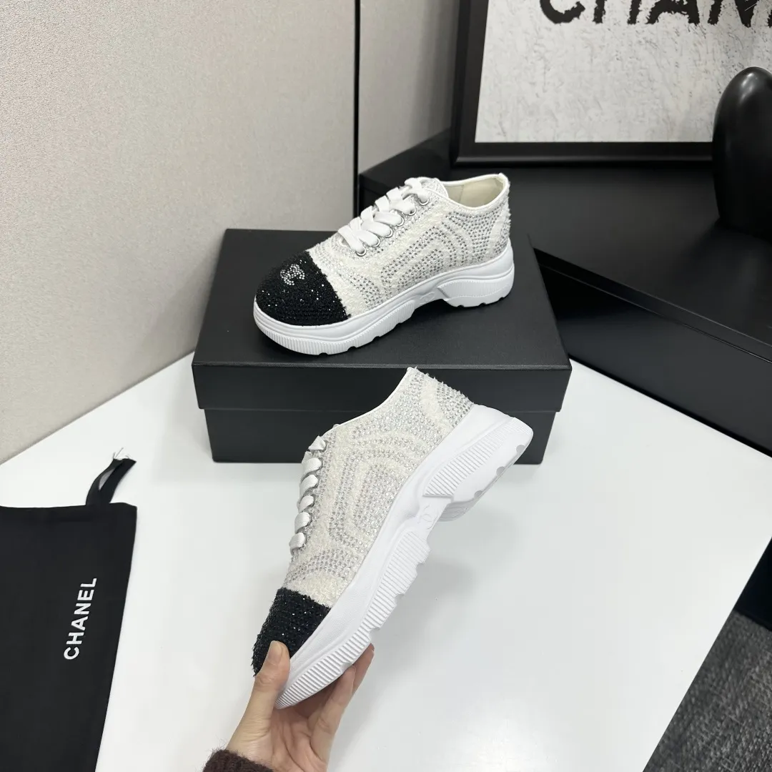 Chanel 1:1 premium white mesh sneakers with CC embroidery on luxury black shoe box - xiashuluxe