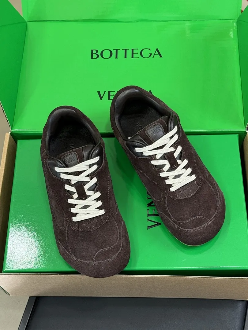 Bottega Veneta Suede Low-Top Trainers in Pink with Brown Trim and Gum Sole, Packaged in Original Box