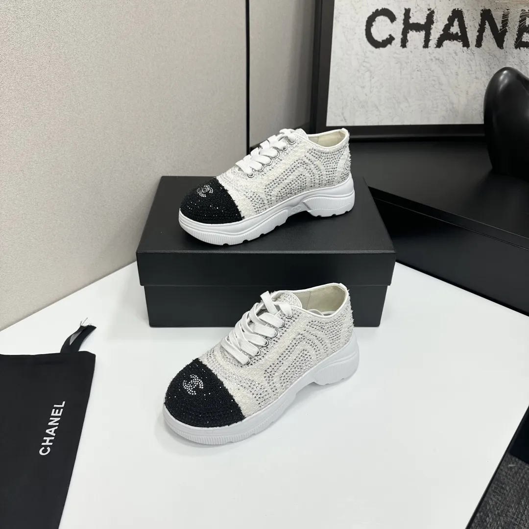 Chanel 1:1 premium white mesh sneakers with CC embroidery on luxury black shoe box - xiashuluxe