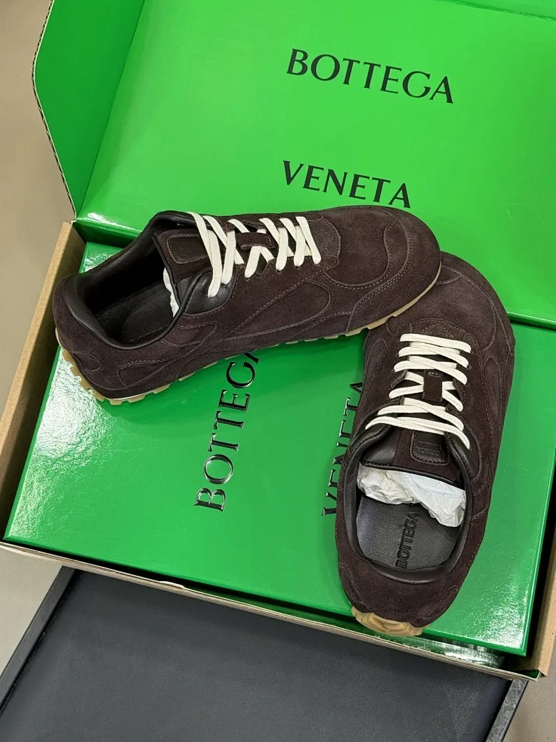 Bottega Veneta Suede Low-Top Trainers in Pink with Brown Trim and Gum Sole, Packaged in Original Box