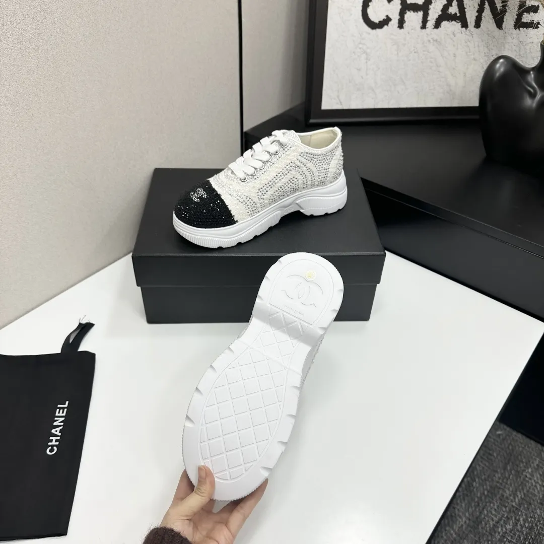Chanel 1:1 premium white mesh sneakers with CC embroidery on luxury black shoe box - xiashuluxe