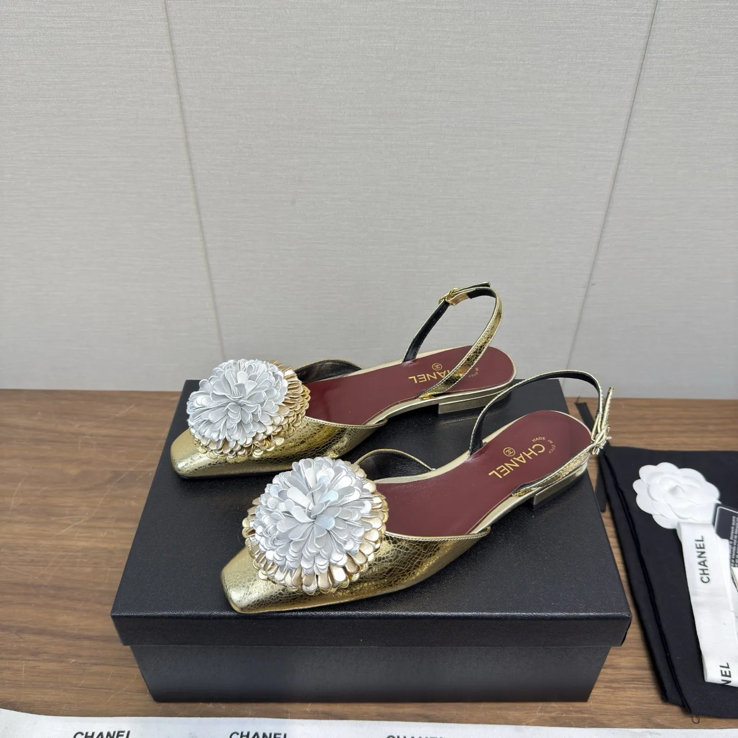 Chanel 1:1 premium white lambskin slingback flats with handcrafted 3D leather Camellia flower - xiashuluxe