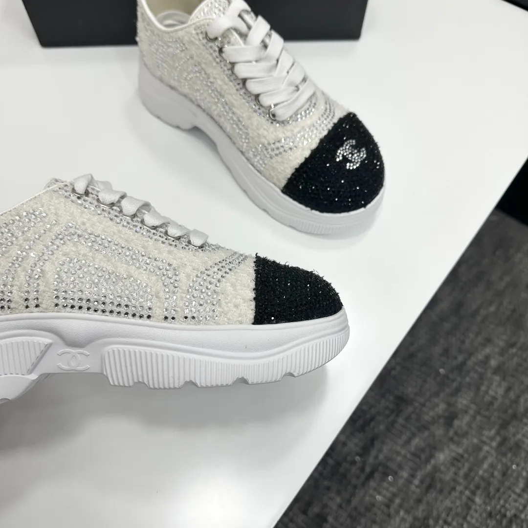 Chanel 1:1 premium white mesh sneakers with CC embroidery on luxury black shoe box - xiashuluxe