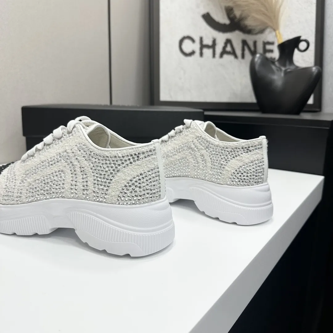 Chanel 1:1 premium white mesh sneakers with CC embroidery on luxury black shoe box - xiashuluxe
