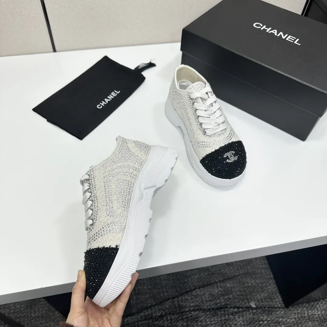 Chanel 1:1 premium white mesh sneakers with CC embroidery on luxury black shoe box - xiashuluxe