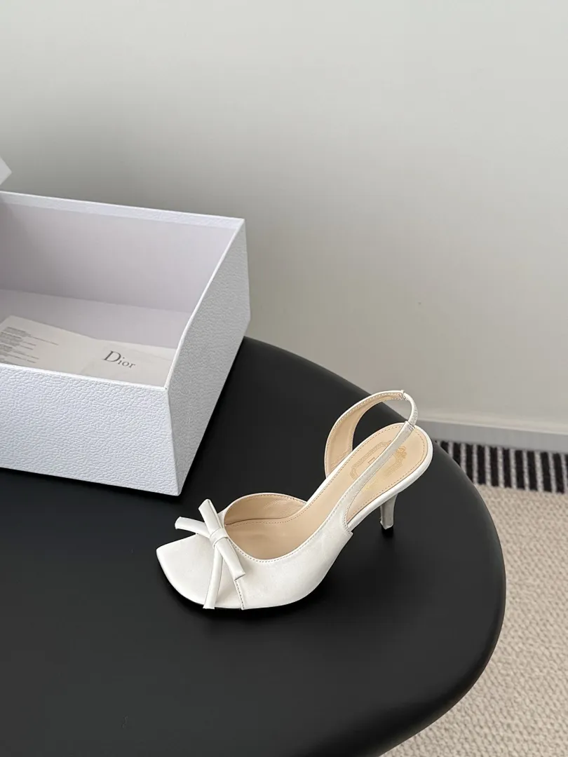 Dior 1:1 premium white satin slingback pumps with bow and boutique packaging - xiashuluxe