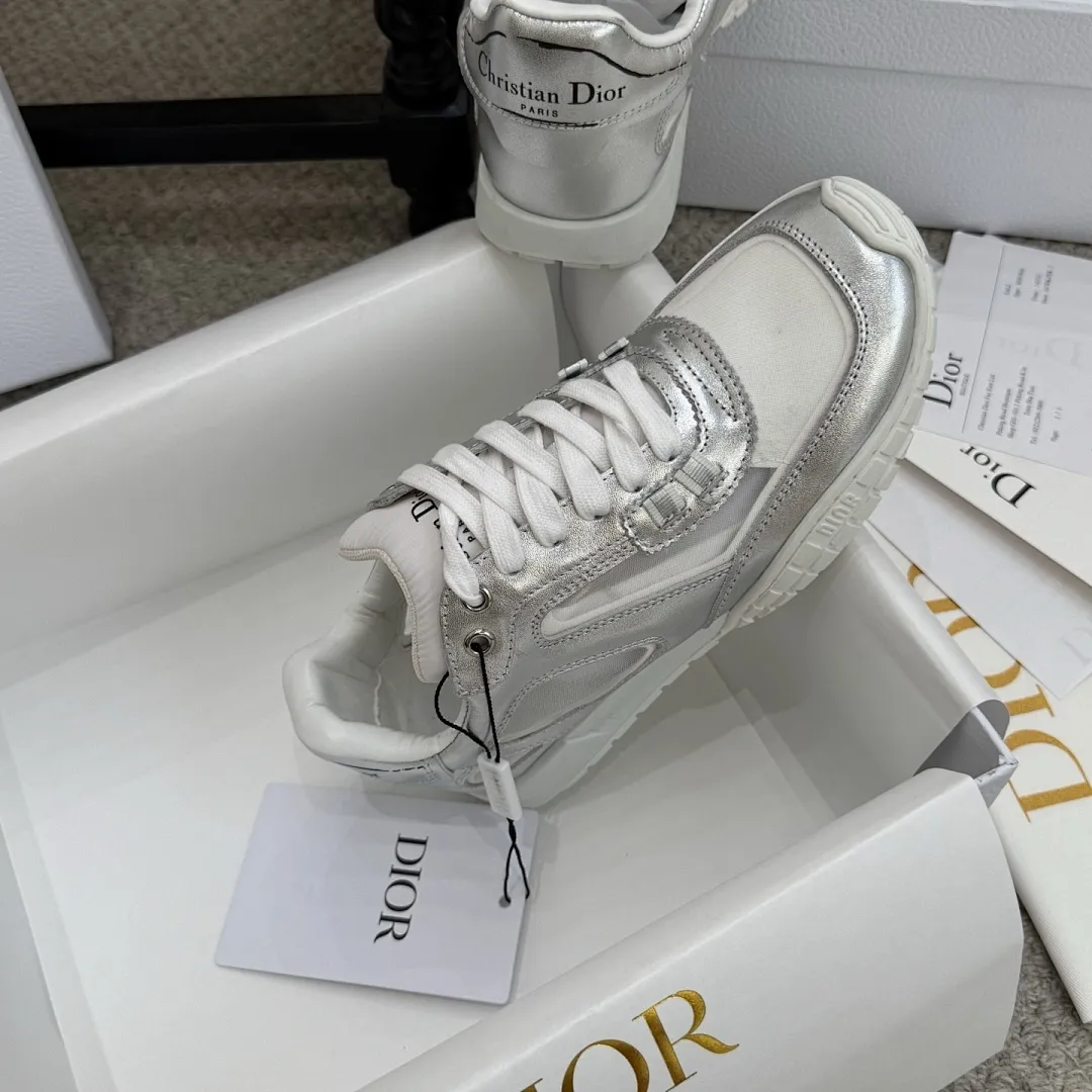 Dior 1:1 premium Vibe sneakers in silver metallic and white leather on luxury shoe box - xiashuluxe