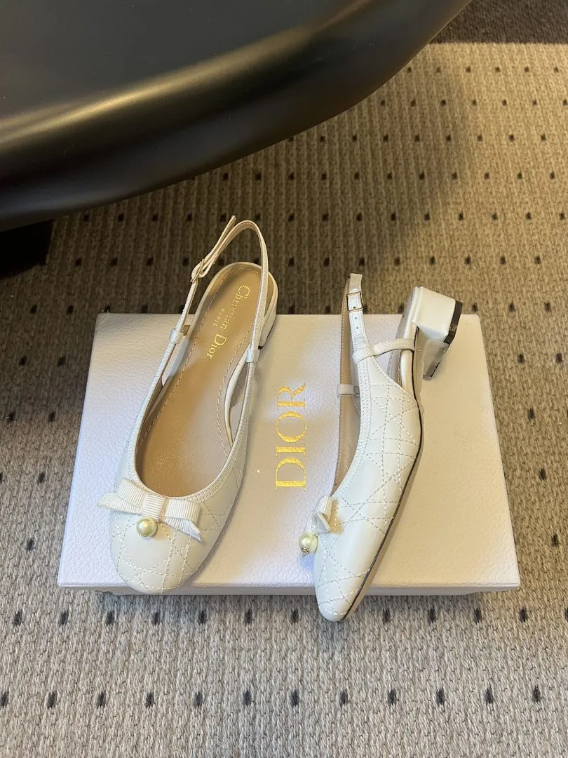 Dior 1:1 premium white Cannage quilted slingback flats with pearl bow on Dior luxury gift box - xiashu