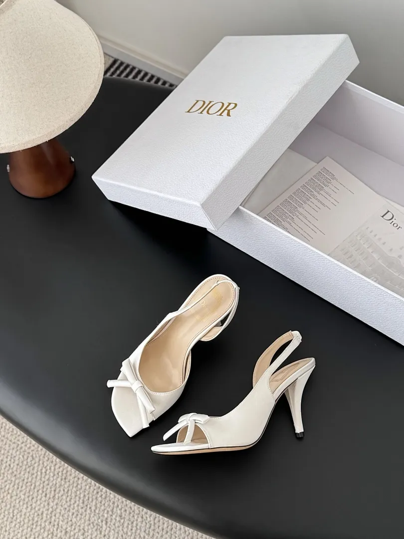 Dior 1:1 premium white satin slingback pumps with bow and boutique packaging - xiashuluxe