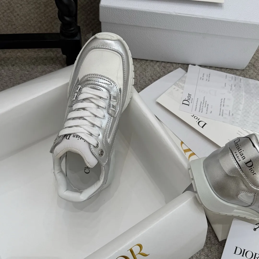 Dior 1:1 premium Vibe sneakers in silver metallic and white leather on luxury shoe box - xiashuluxe