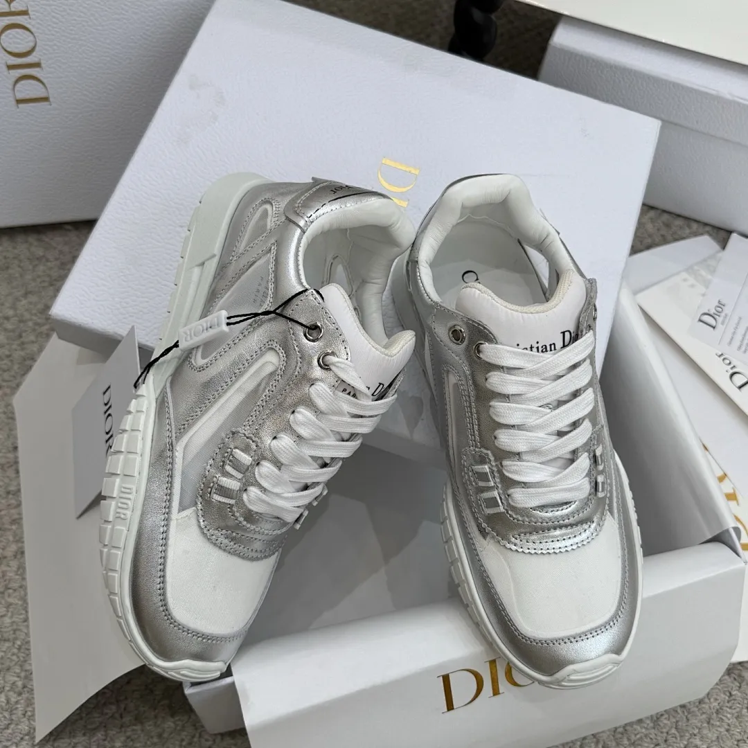 Dior 1:1 premium Vibe sneakers in silver metallic and white leather on luxury shoe box - xiashuluxe