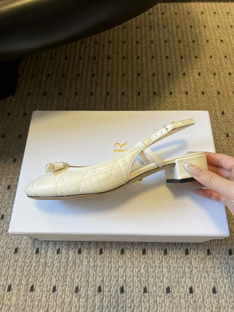 Dior 1:1 premium white Cannage quilted slingback flats with pearl bow on Dior luxury gift box - xiashuluxe