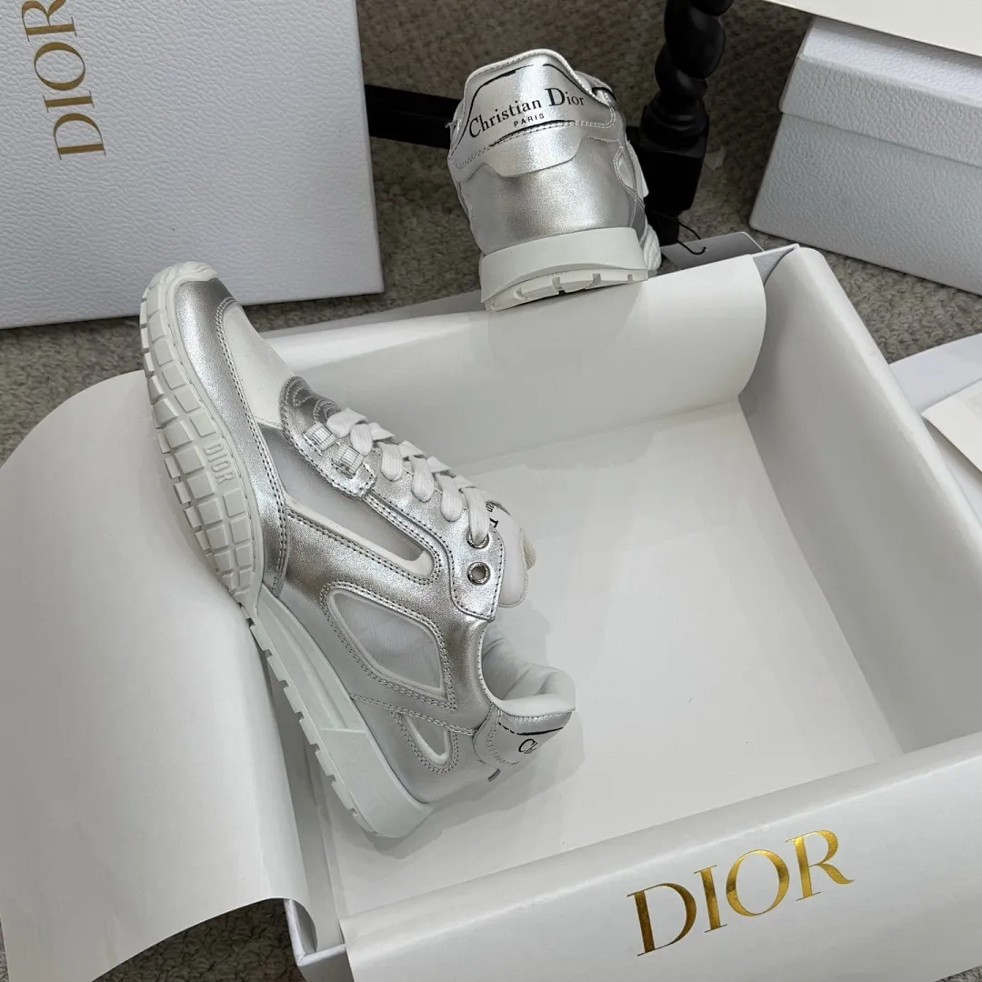 Dior 1:1 premium Vibe sneakers in silver metallic and white leather on luxury shoe box - xiashuluxe