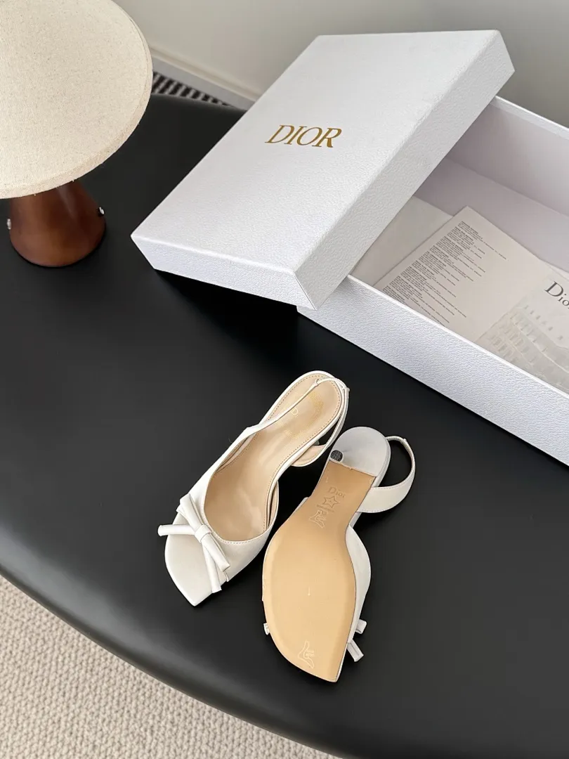 Dior 1:1 premium white satin slingback pumps with bow and boutique packaging - xiashu