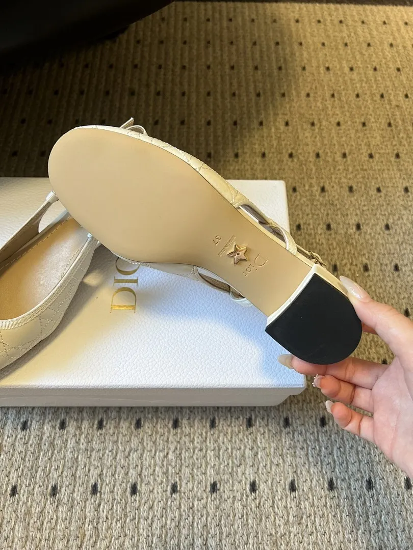 Dior 1:1 premium white Cannage quilted slingback flats with pearl bow on Dior luxury gift box - xiashuluxe