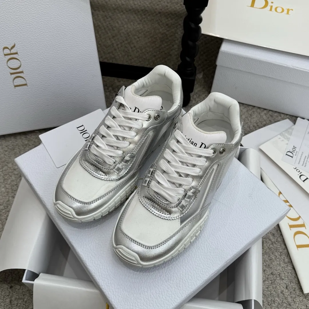 Dior 1:1 premium Vibe sneakers in silver metallic and white leather on luxury shoe box - xiashuluxe
