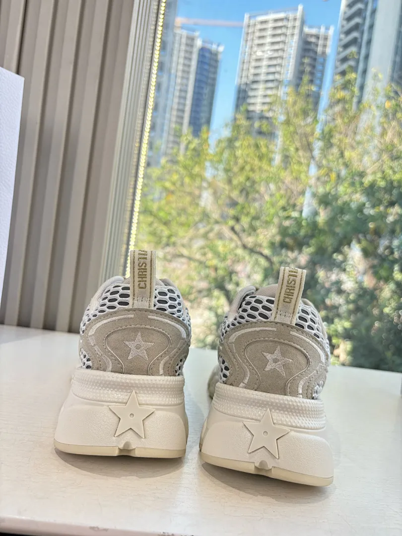 Dior 1:1 premium Vibe sneakers with Oblique print and grey mesh panels on white shoe box - xiashuluxe