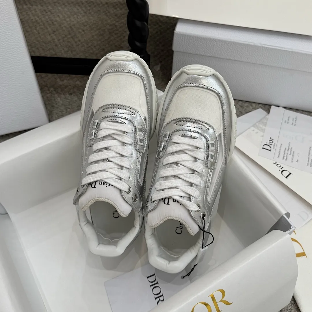 Dior 1:1 premium Vibe sneakers in silver metallic and white leather on luxury shoe box - xiashuluxe