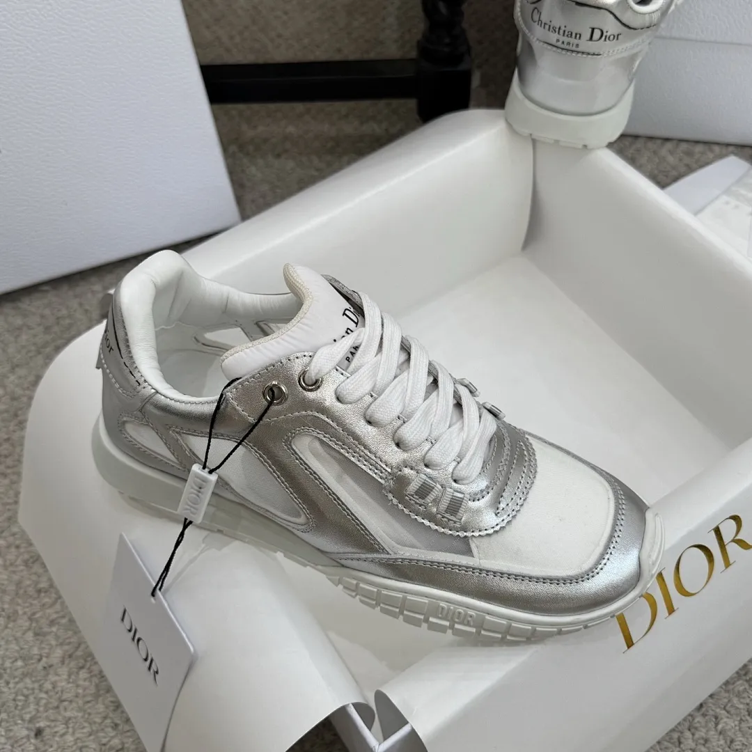 Dior 1:1 premium Vibe sneakers in silver metallic and white leather on luxury shoe box - xiashuluxe