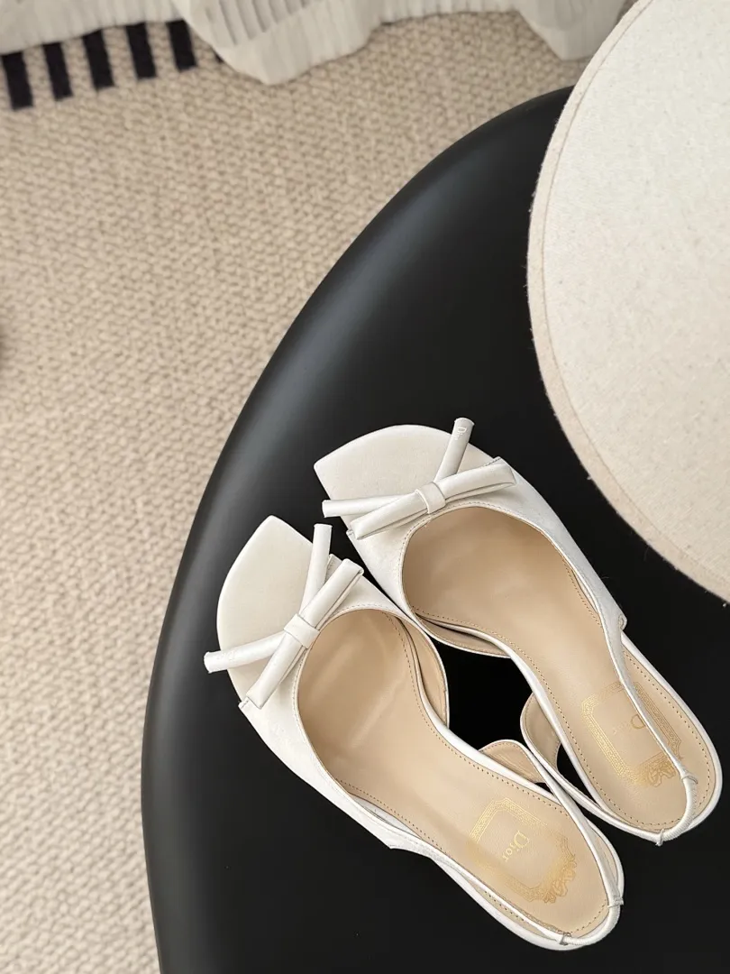 Dior 1:1 premium white satin slingback pumps with bow and boutique packaging - xiashuluxe