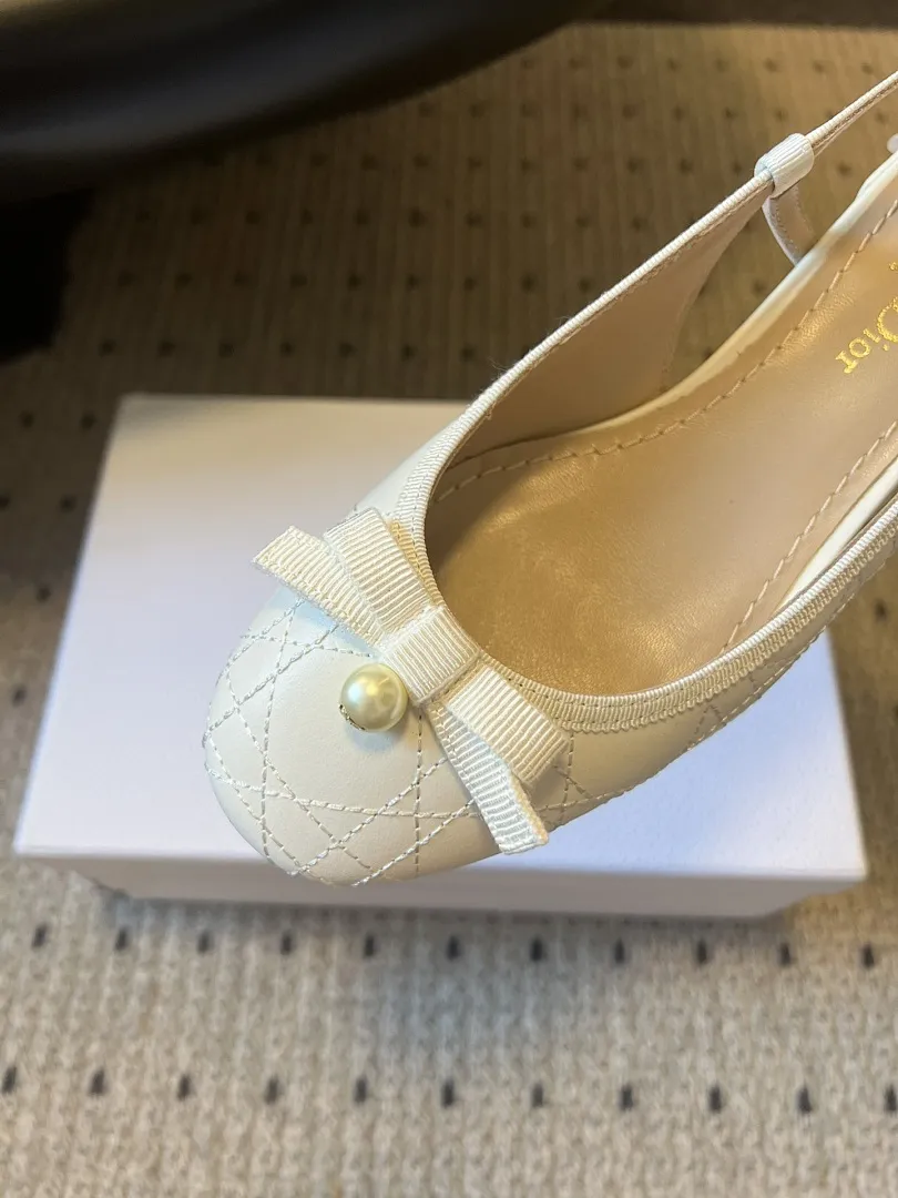 Dior 1:1 premium white Cannage quilted slingback flats with pearl bow on Dior luxury gift box - xiashuluxe