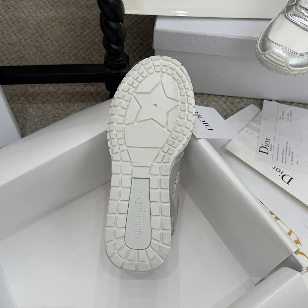Dior 1:1 premium Vibe sneakers in silver metallic and white leather on luxury shoe box - xiashuluxe