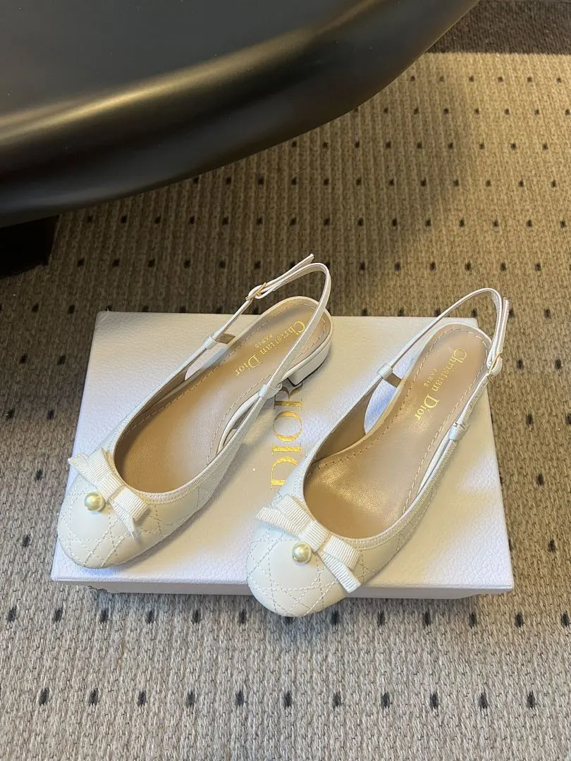 Dior 1:1 premium white Cannage quilted slingback flats with pearl bow on Dior luxury gift box - xiashuluxe