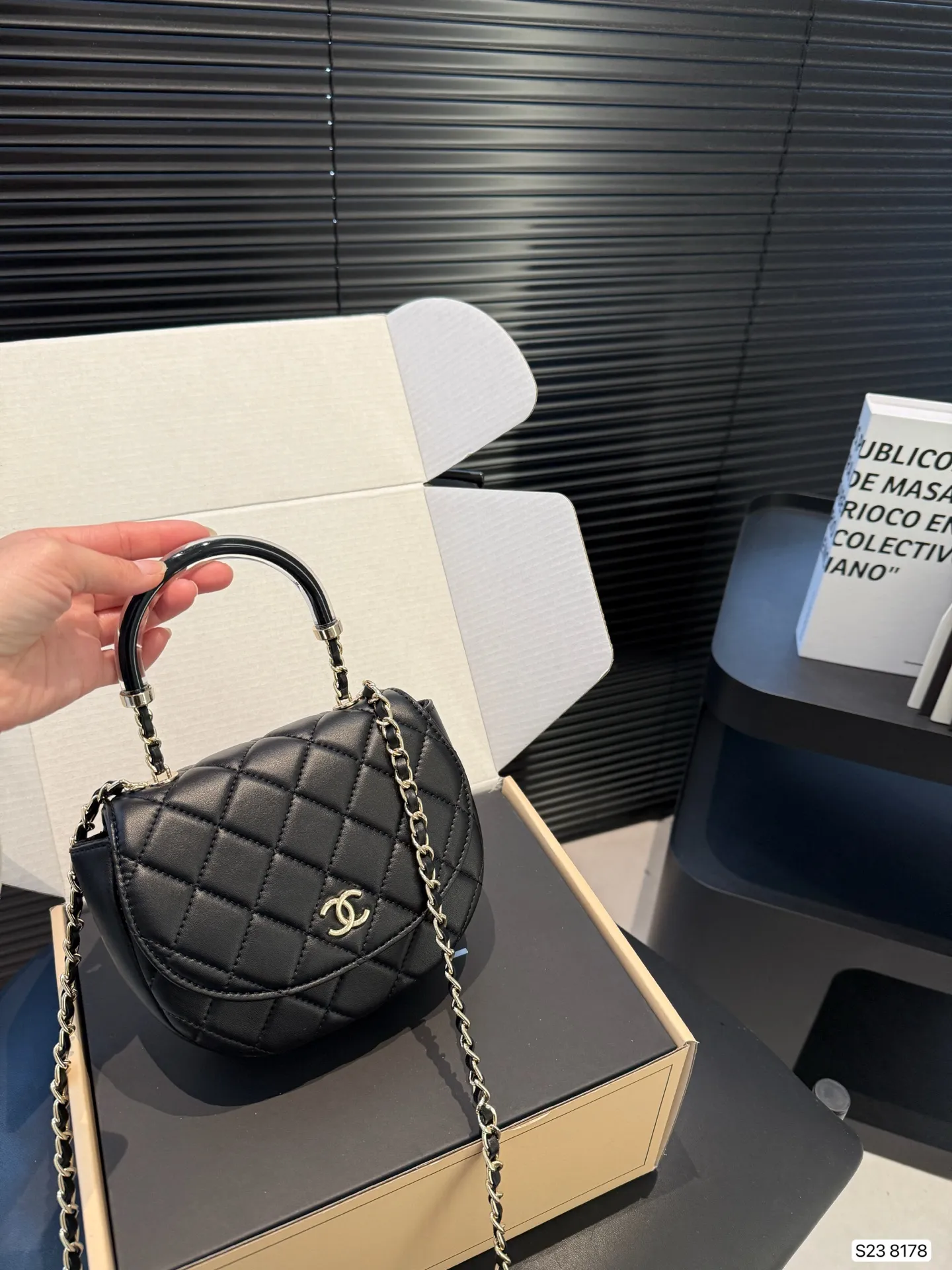 Chanel 1:1 premium 22 mini handbag in shiny black calfskin with gold hardware and CC medallion on luxury boutique box - xiashuluxe