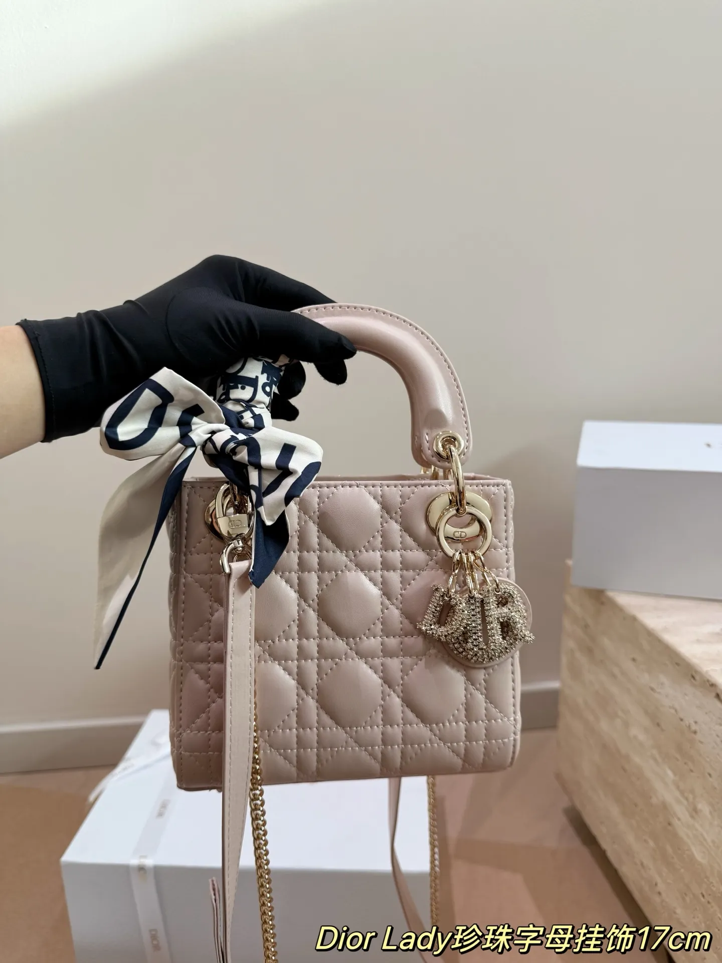 Lady Dior 1:1 premium powder pink bag with pearl alphabet charms and silk scarf on white boutique box - xiashuluxe