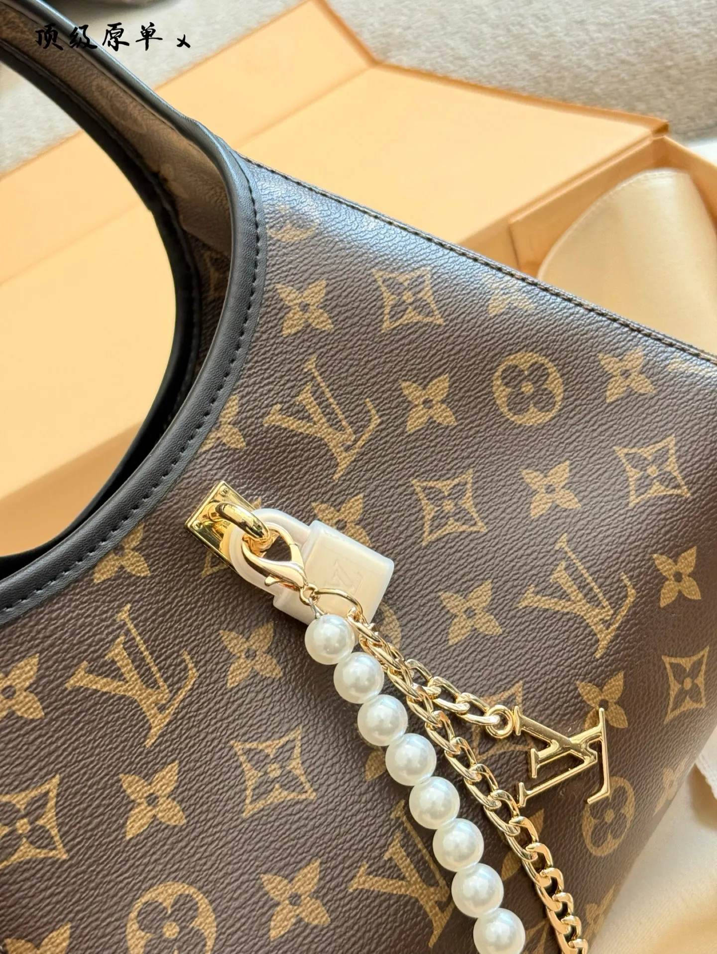 LV 1:1 premium Loop hobo bag in Monogram canvas with pearl chain accessory and luxury orange boutique bag - xiashuluxe