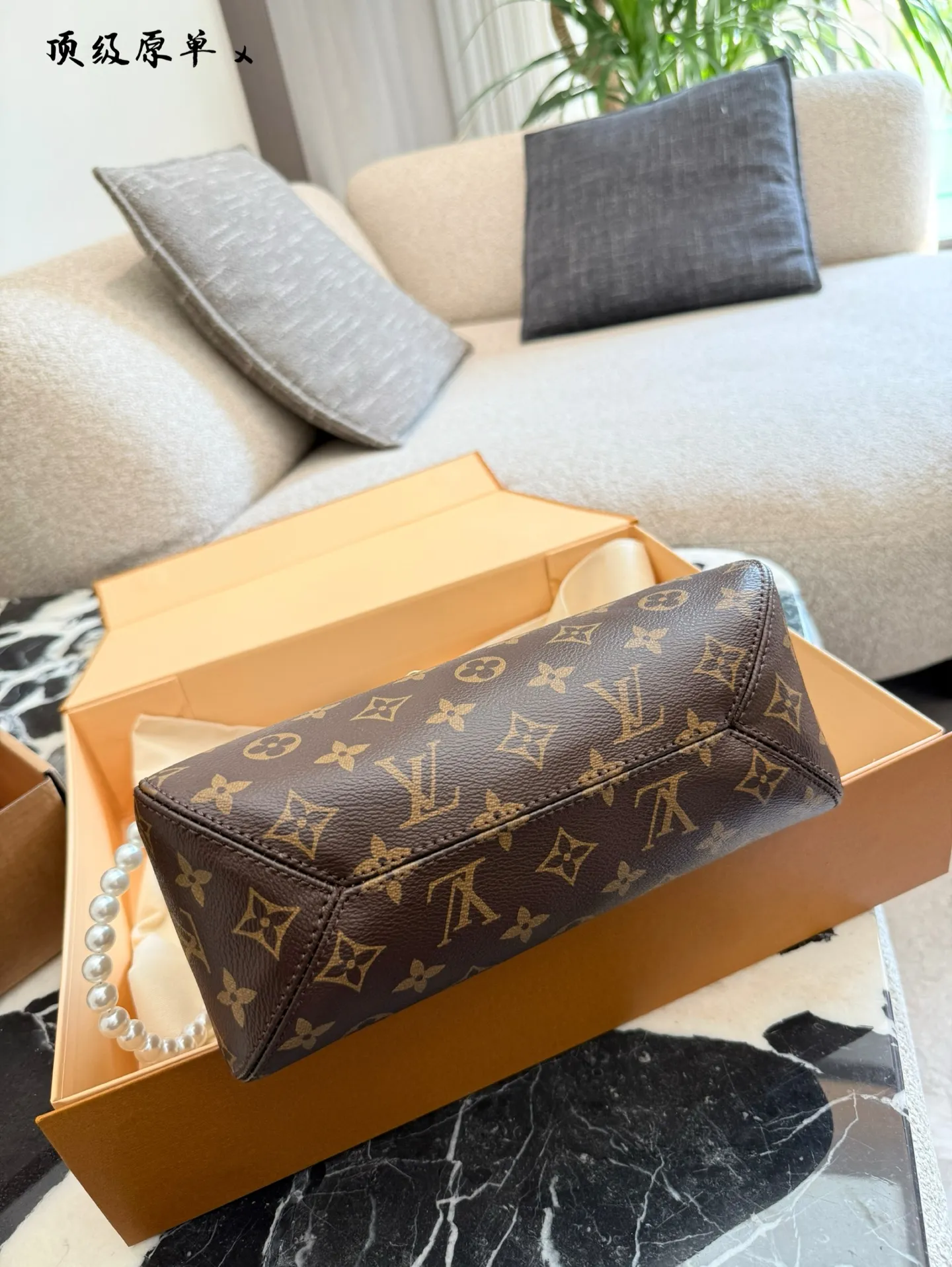 LV 1:1 premium Loop hobo bag in Monogram canvas with pearl chain accessory and luxury orange boutique bag - xiashuluxe