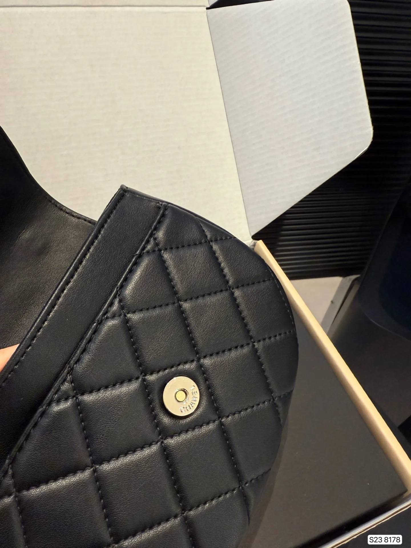 Chanel 1:1 premium 22 mini handbag in shiny black calfskin with gold hardware and CC medallion on luxury boutique box - xiashuluxe