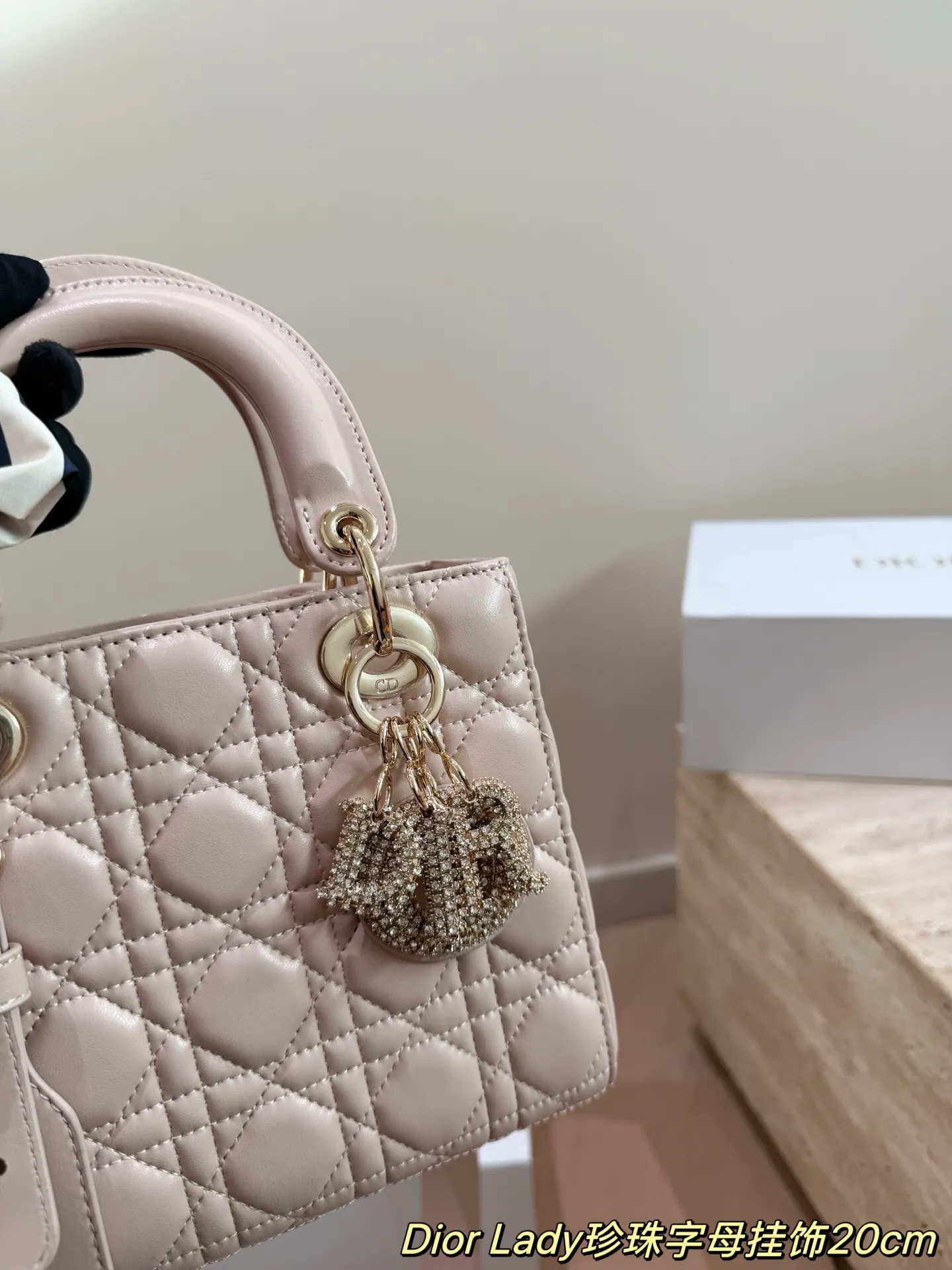 Lady Dior 1:1 premium powder pink bag with pearl alphabet charms and silk scarf on white boutique box - xiashuluxe