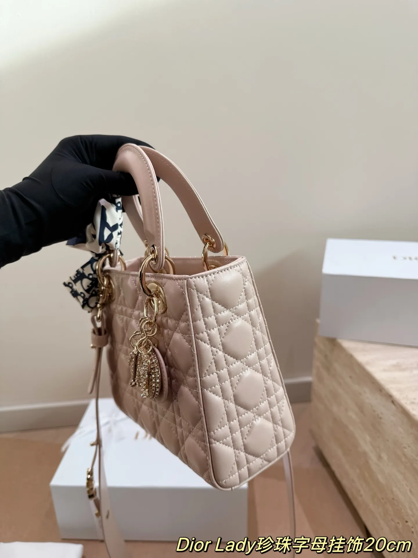 Lady Dior 1:1 premium powder pink bag with pearl alphabet charms and silk scarf on white boutique box - xiashuluxe