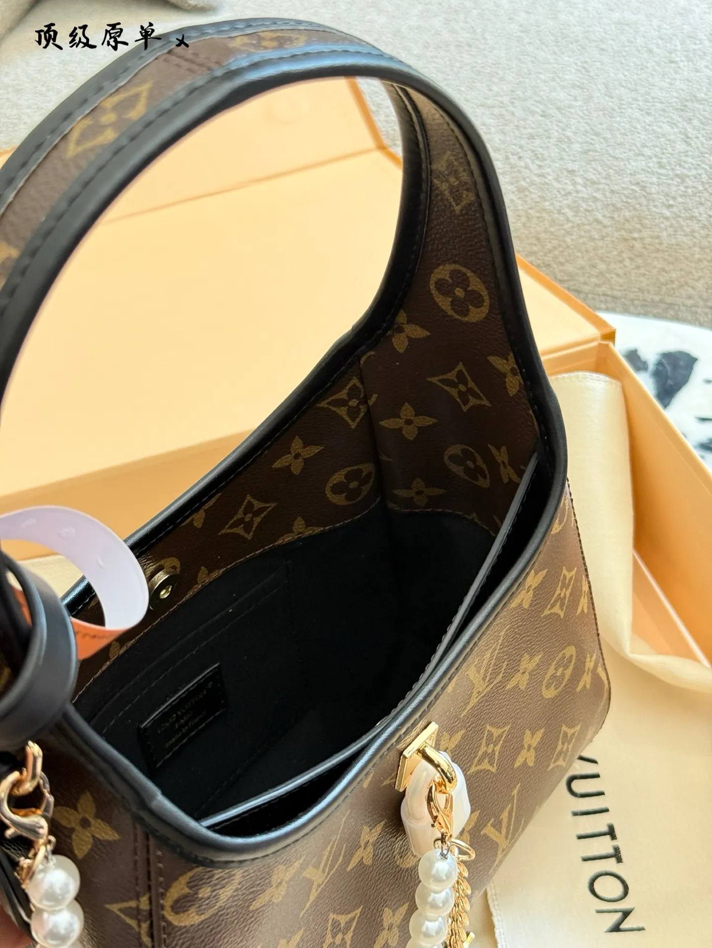 LV 1:1 premium Loop hobo bag in Monogram canvas with pearl chain accessory and luxury orange boutique bag - xiashuluxe