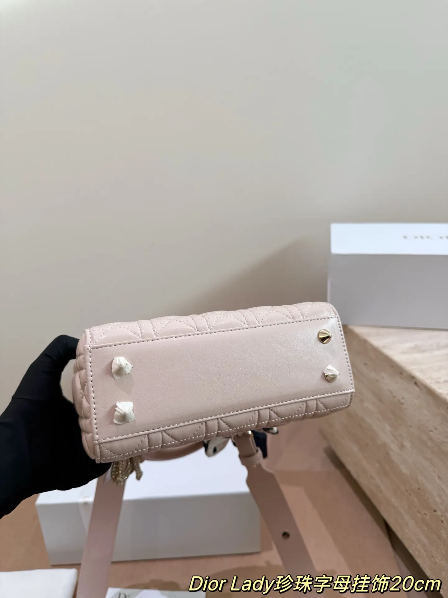 Lady Dior 1:1 premium powder pink bag with pearl alphabet charms and silk scarf on white boutique box - xiashuluxe